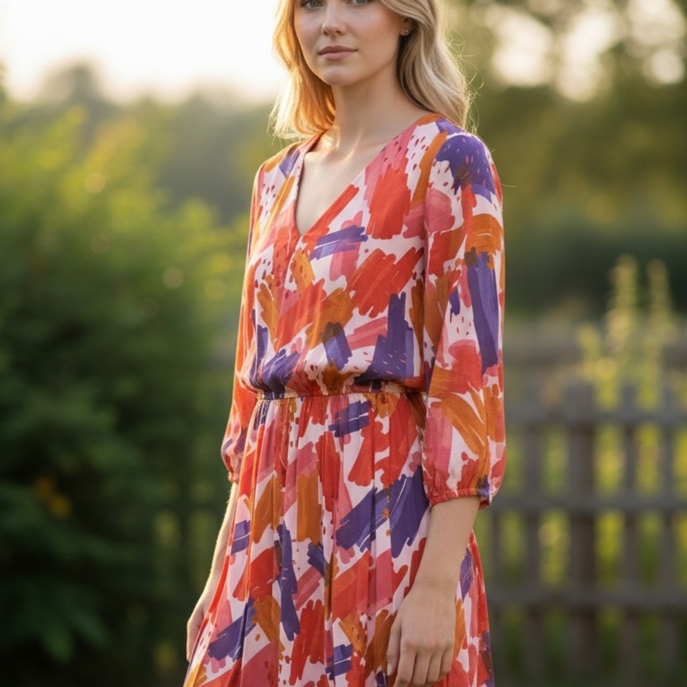 Vibrant Brushstroke Midi Dress A35